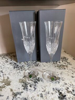 Waterford Clear Crystal Champagne Flutes with Green Foot Accents